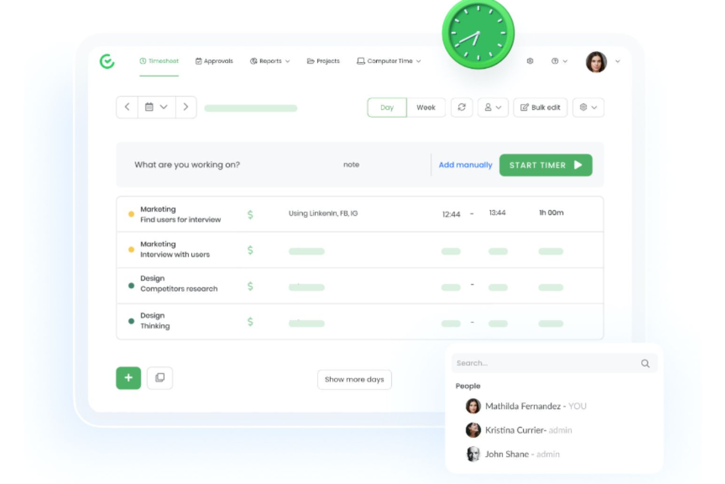 TimeCamp screenshot - 10 beste alternatieve tools voor ClickTime voor tijdregistratie in 2026