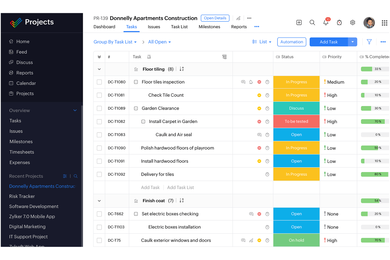 Zoho Projects screenshot - 10 beste Airtable-alternatieven voor projecten in 2026