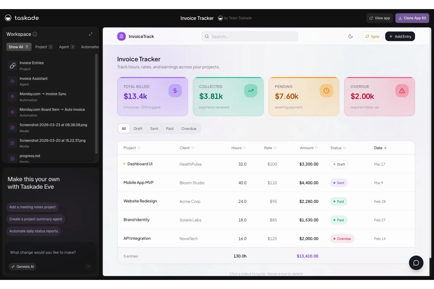 Taskade Genesis screenshot - 10 meilleurs générateurs de factures IA en 2026