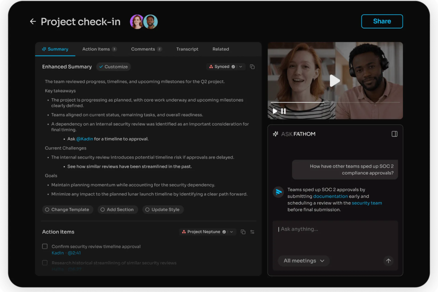 Fathom screenshot - 10 bästa programvarorna för möteshantering 2026