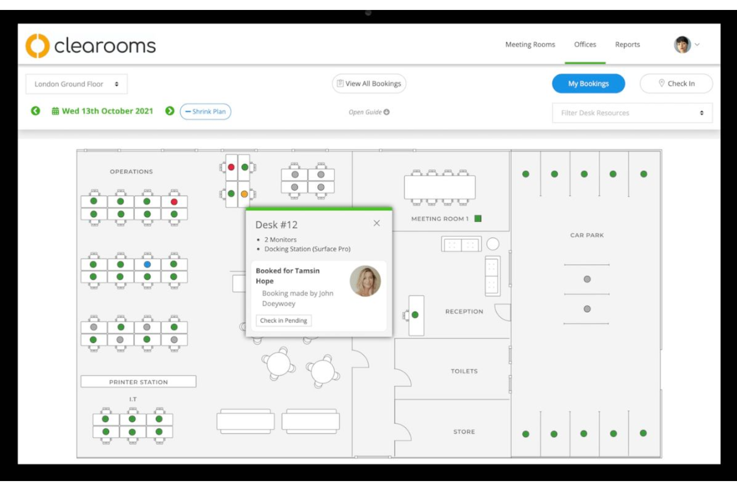 Clearooms screenshot - De 10 bästa AI-programmen för bokning av flexibla skrivbord 2026