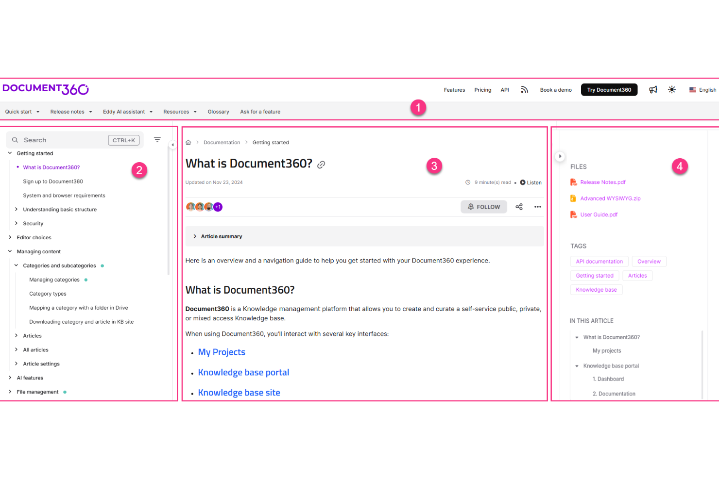 Document360 screenshot - 10 bästa programvarorna för kunskapsbaser 2026