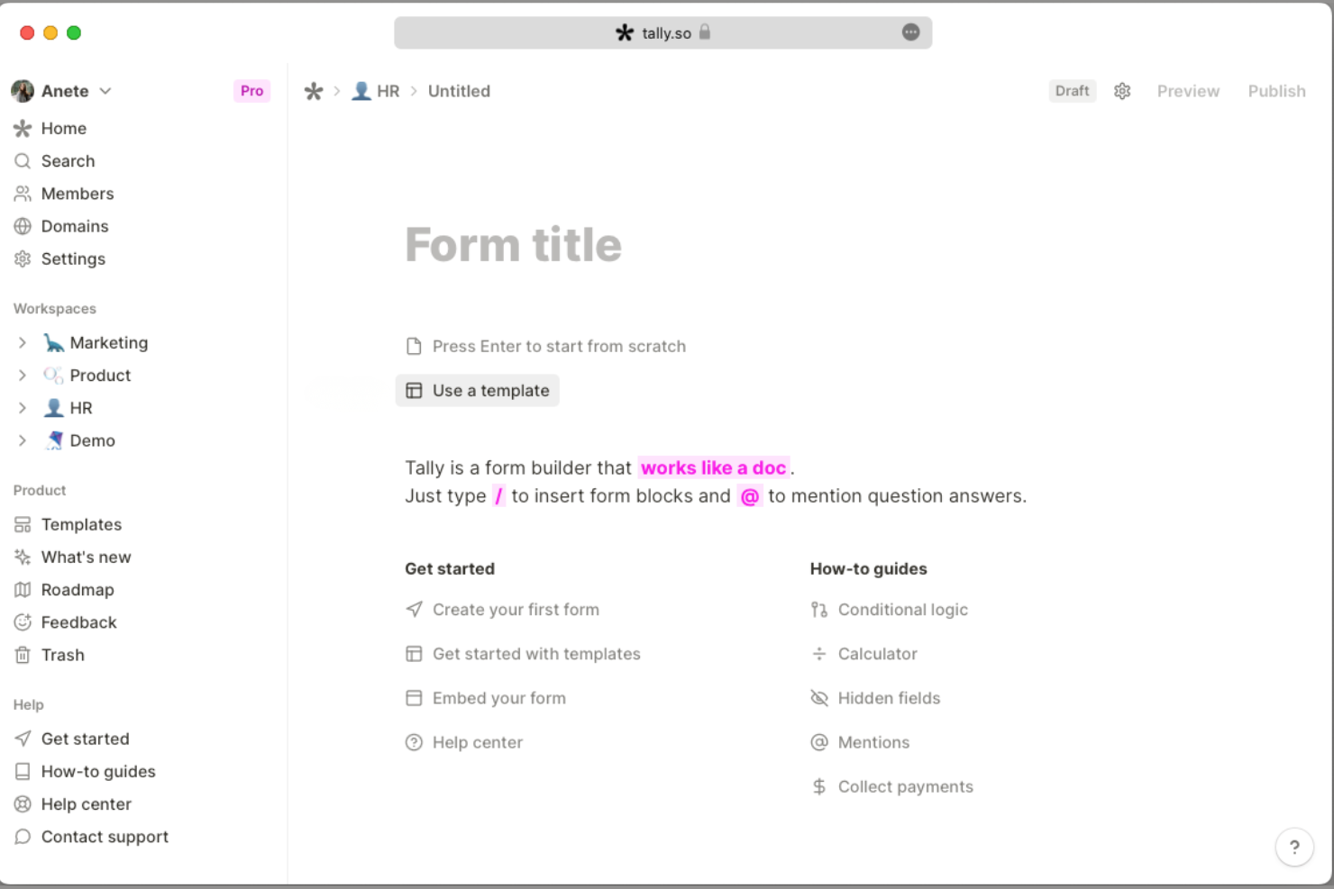 Tally screenshot - 10 alternativ till Formstack 2026