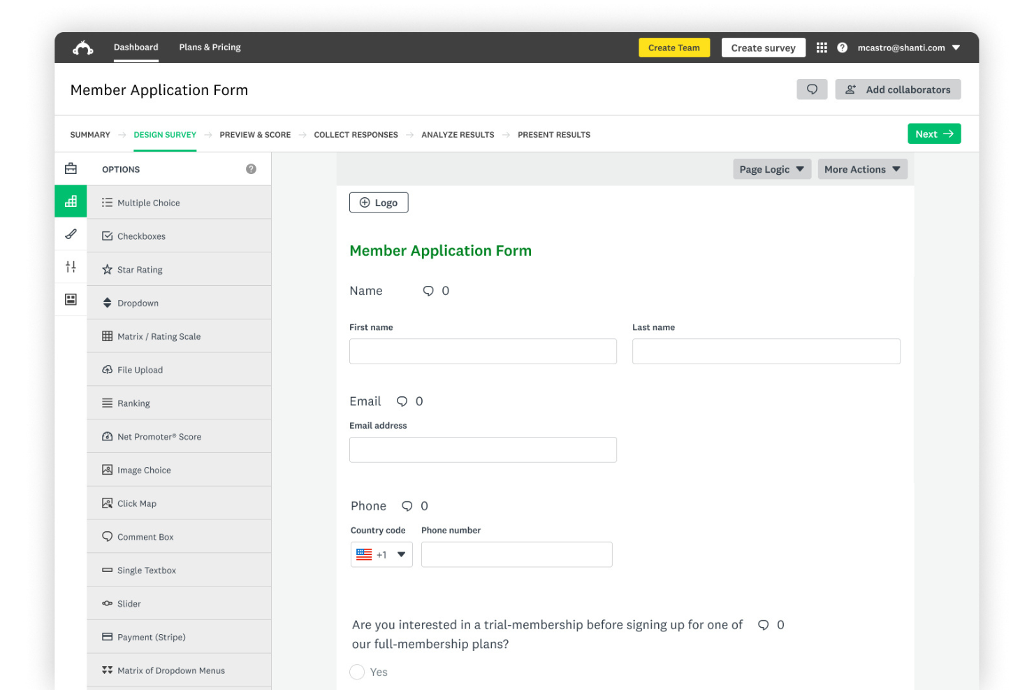 SurveyMonkey screenshot - 10 bästa alternativen till Jotform för formulär 2026