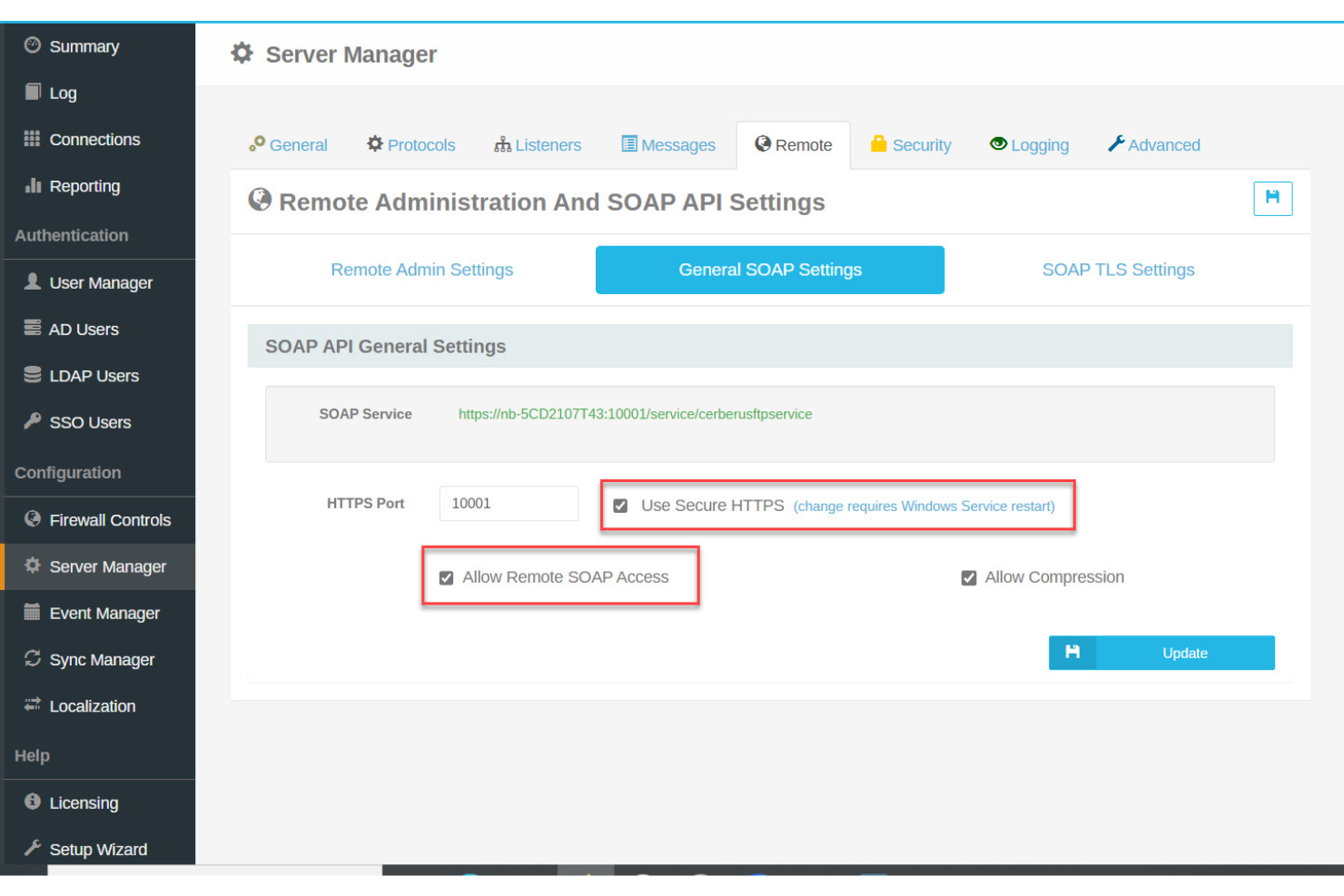 Cerberus FTP Server screenshot - De 10 bästa programvarorna för filsynkronisering recenserade 2026