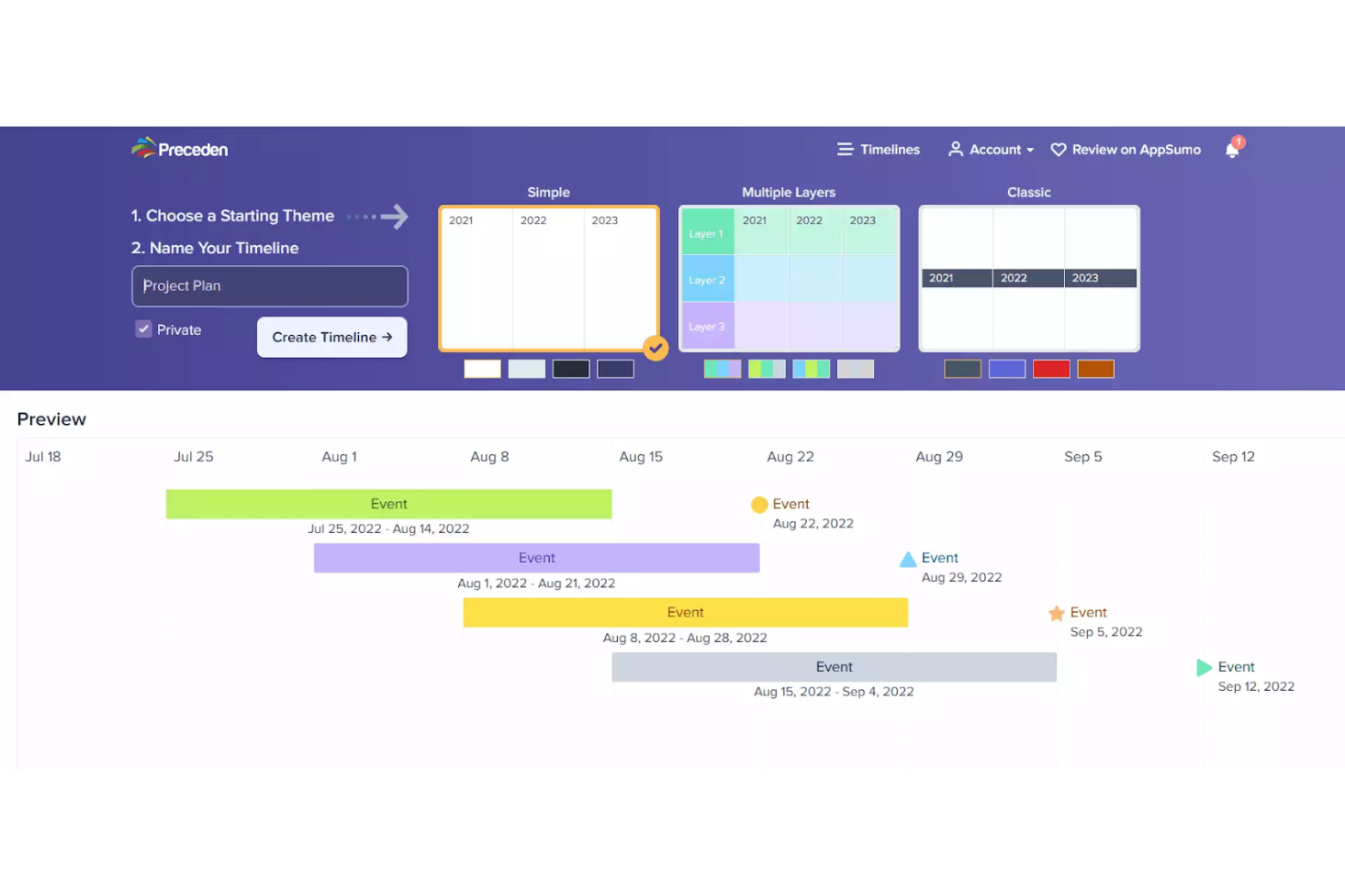Preceden screenshot - 10 alternativa verktyg till Office Timeline för planering 2026