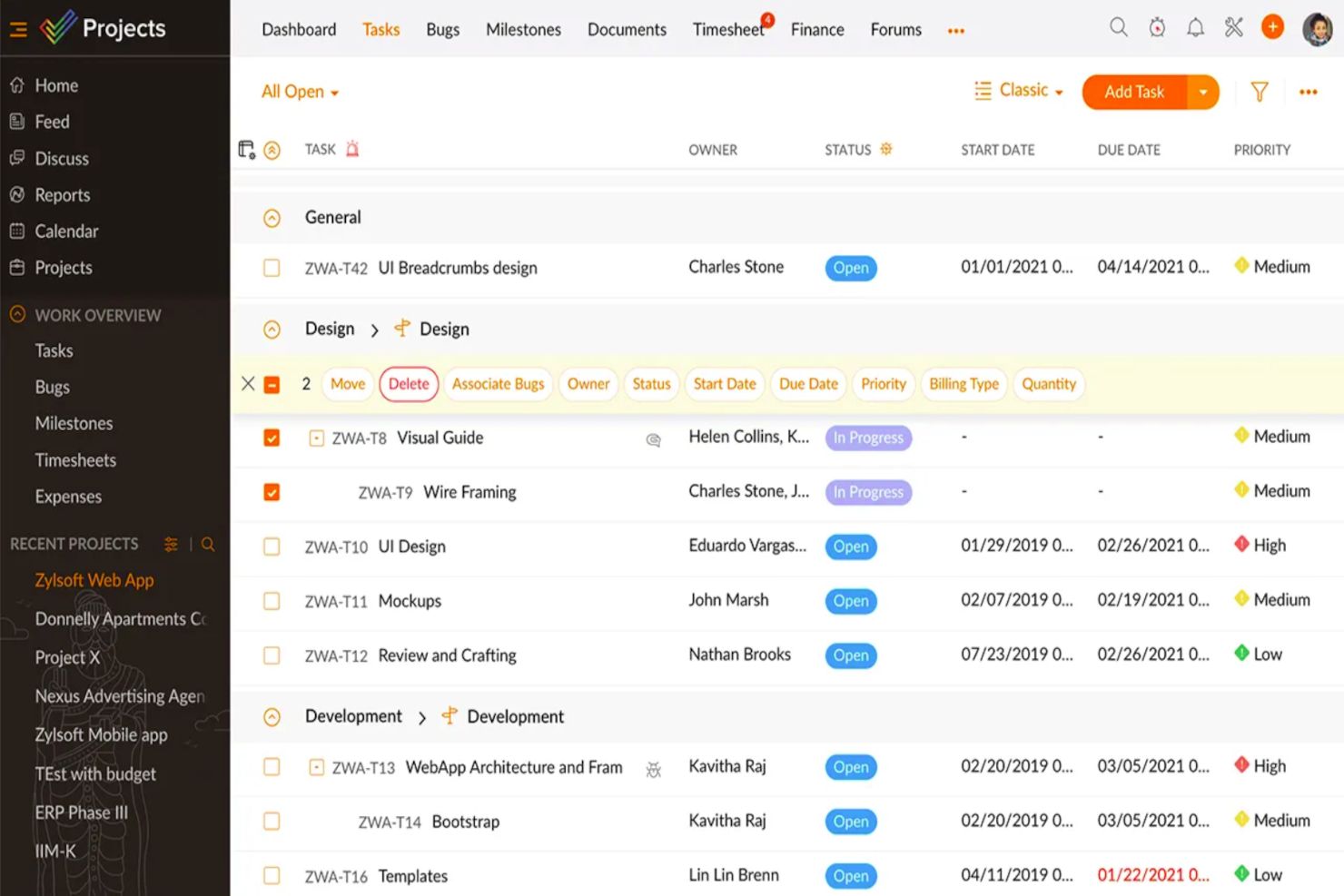 Zoho Projects screenshot - Jag testade 10 program för uppgiftshantering: Här är vad som fungerar 2026