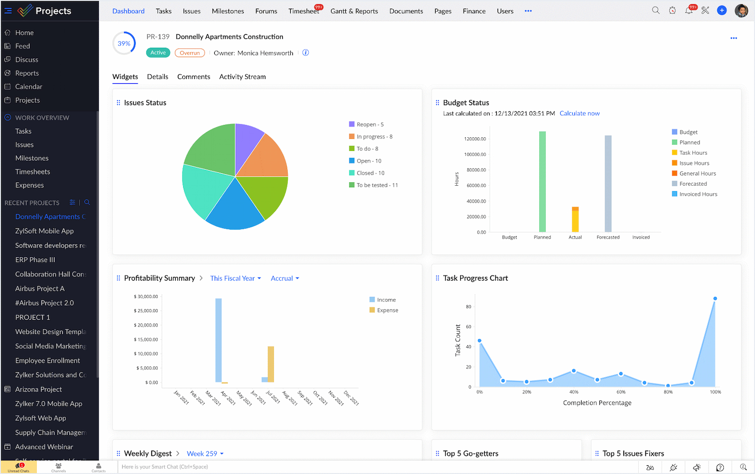 Zoho Projects screenshot - 10 bästa programvarorna för projektledning inom fastigheter 2026