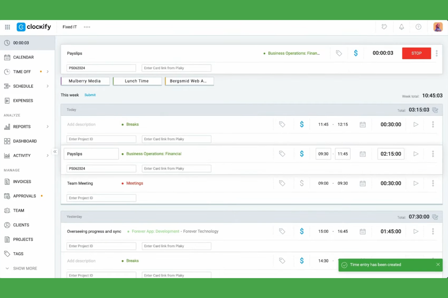 Clockify screenshot - 10 mejores alternativas a Timely analizadas en 2026