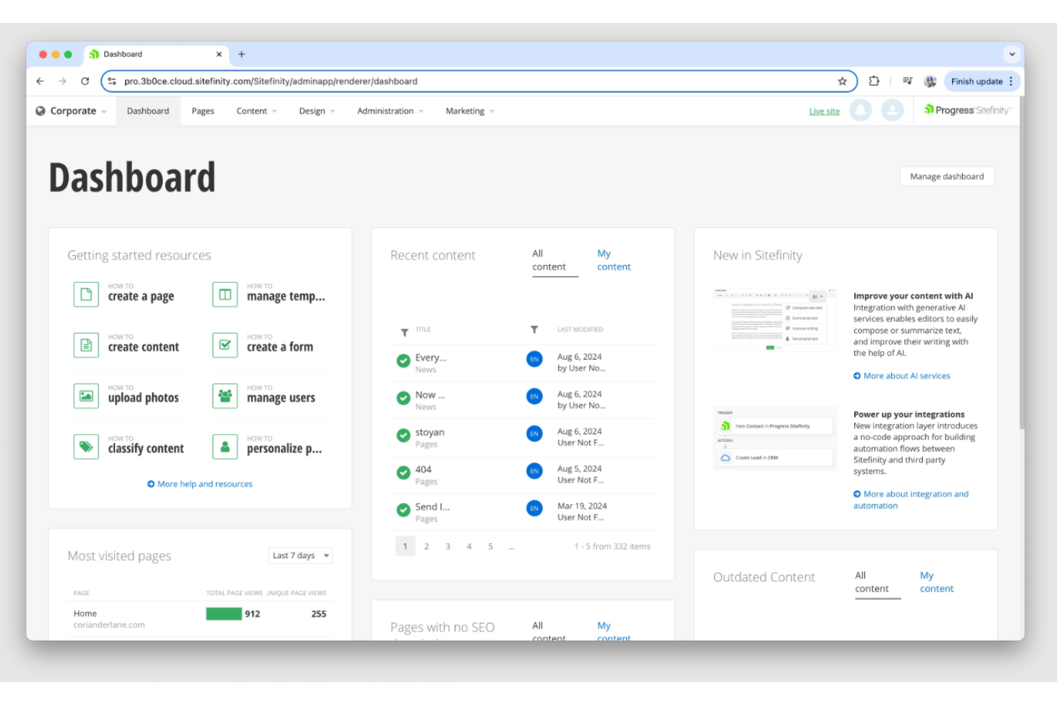 Sitefinity screenshot - Le 10 migliori alternative ad Adobe Experience Manager nel 2026