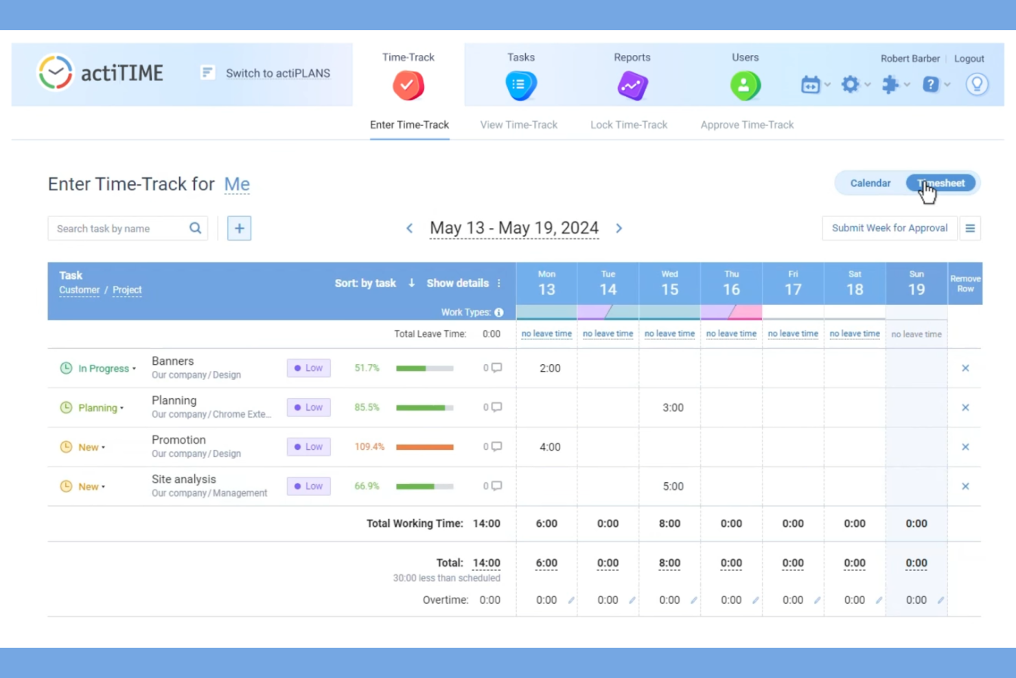 actiTIME screenshot - 10 mejores alternativas a Timely analizadas en 2026
