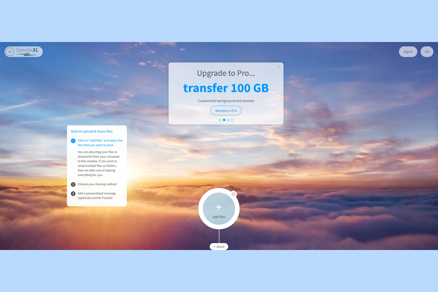 TransferXL screenshot - 10 beste alternatieven voor WeTransfer beoordeeld in 2026