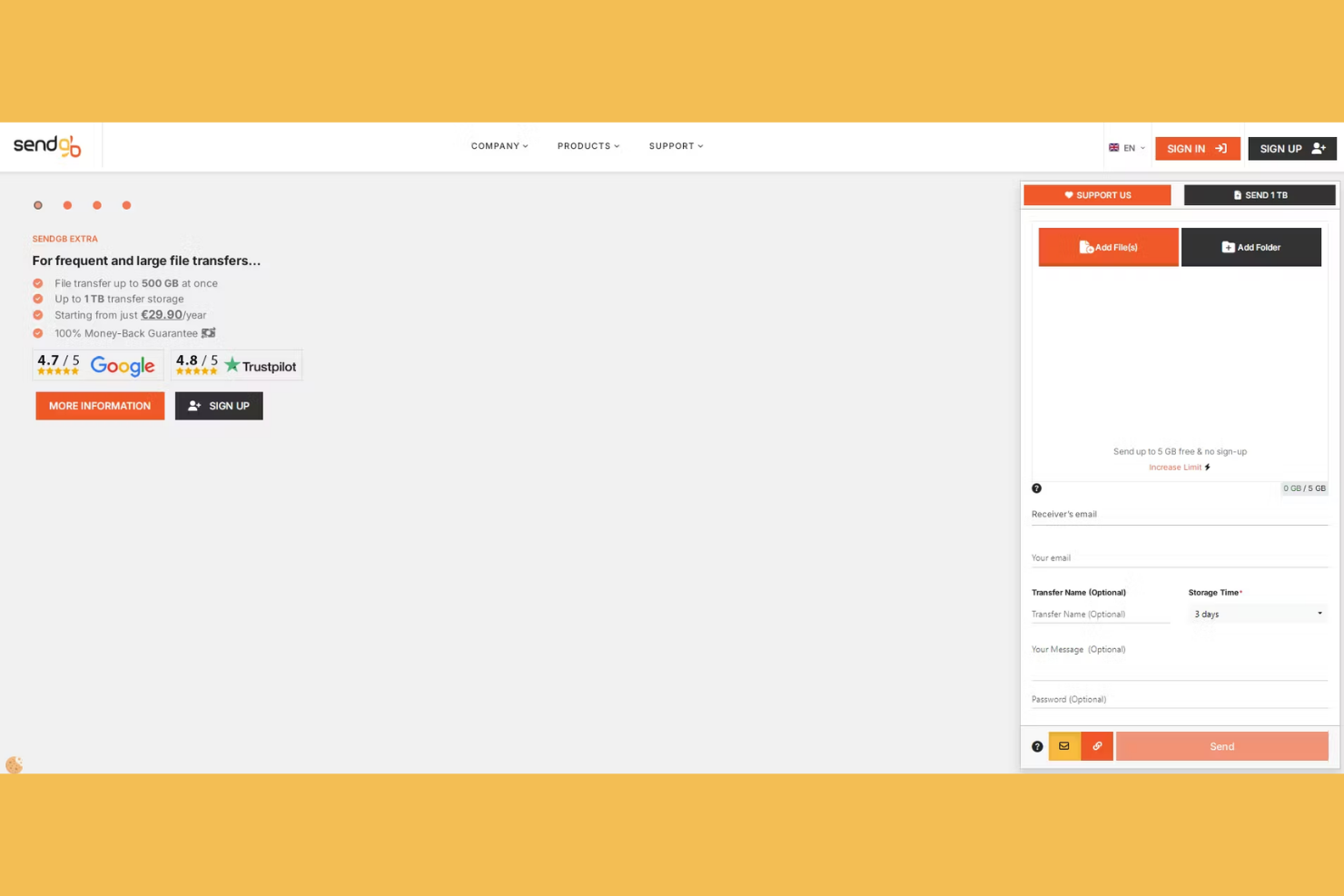 SendGB screenshot - 10 beste WeTransfer-Alternativen im Test 2026