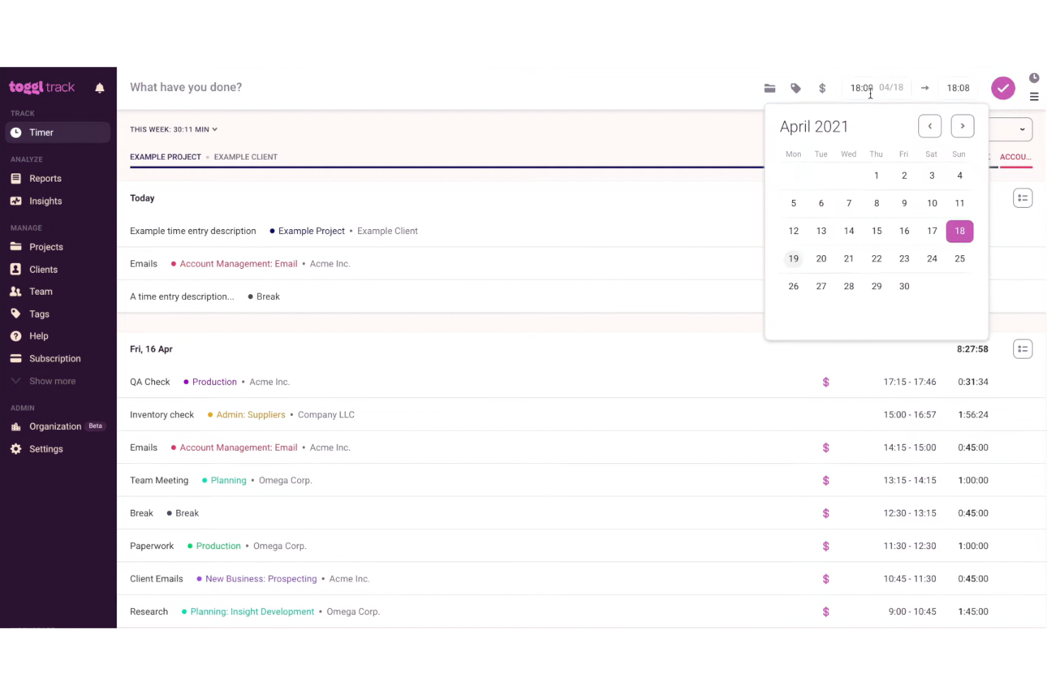 Toggl Track screenshot - 10 Beste Timecamp-alternatieven beoordeeld in 2026