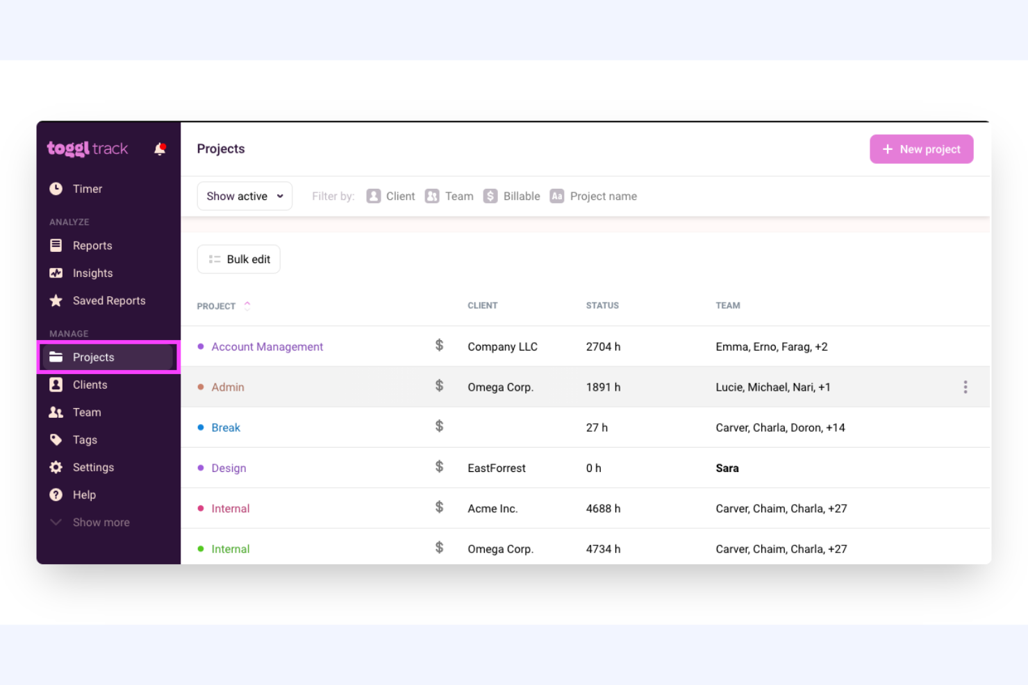 Toggl Track screenshot - 10 Mejores Alternativas a Accelo Analizadas en 2026