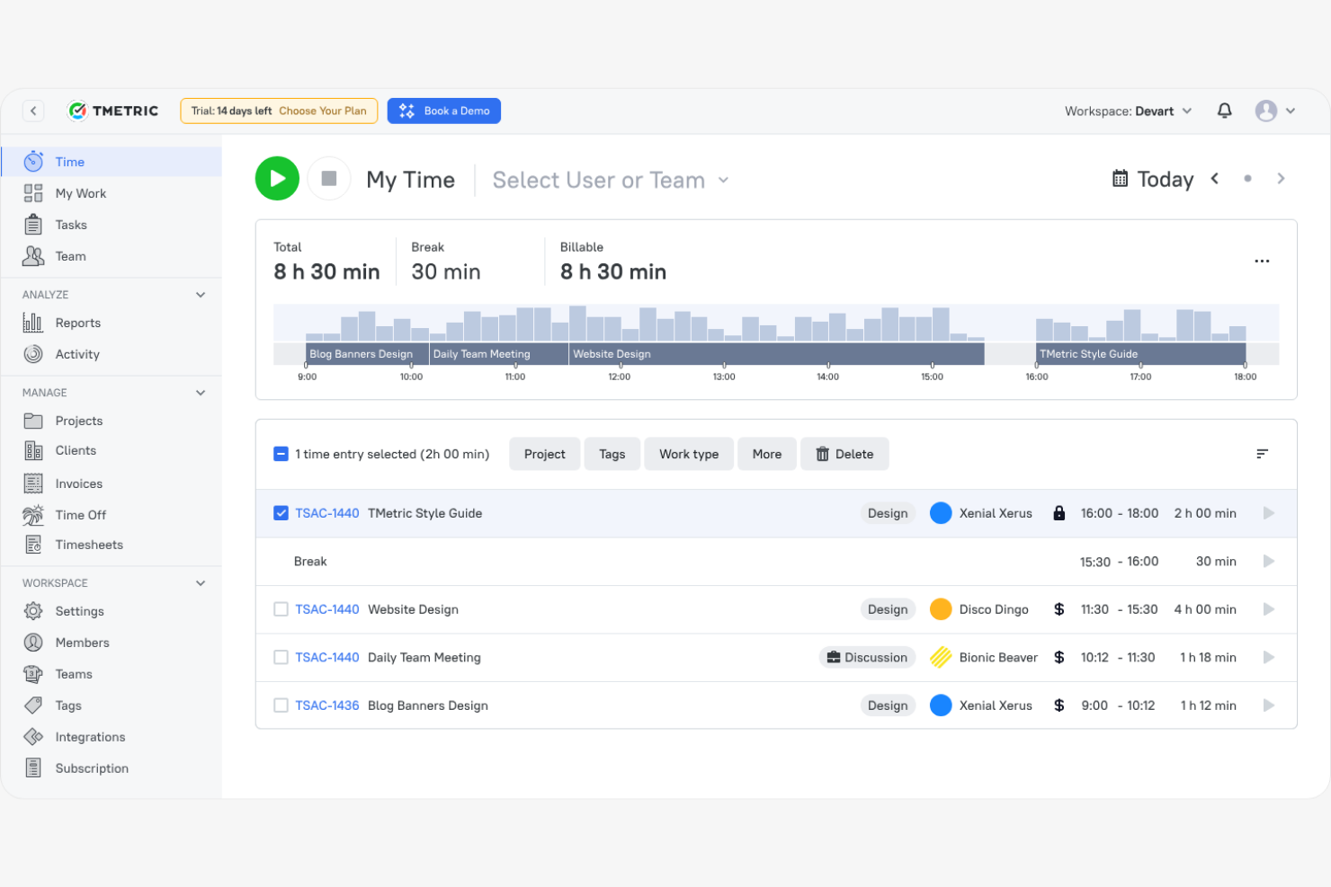 TMetric screenshot - 10 meilleures alternatives à RescueTime évaluées en 2026