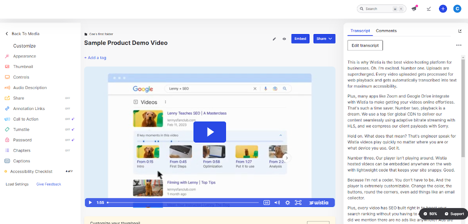 Wistia screenshot - Las 10 mejores alternativas a Loom analizadas en 2026