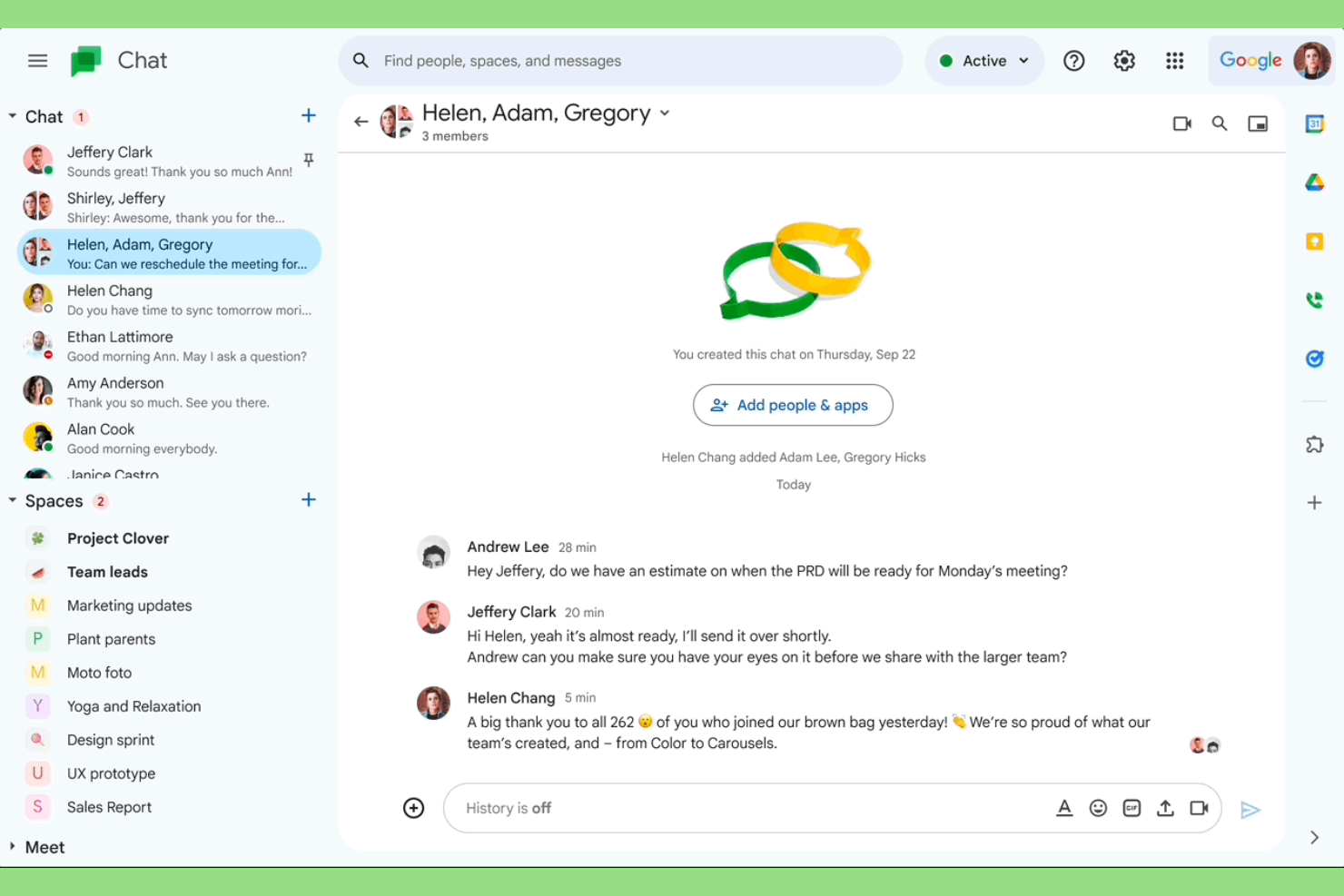 Google Chat screenshot - 10 parasta Flock-vaihtoehtoa tiimikeskusteluihin vuonna 2026