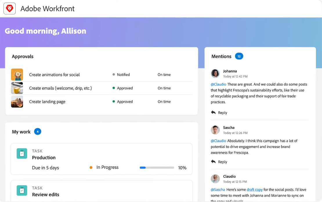 Adobe Workfront screenshot - 10 parasta suuryritysten projektinhallinnan koontinäyttöä vuodelle 2026