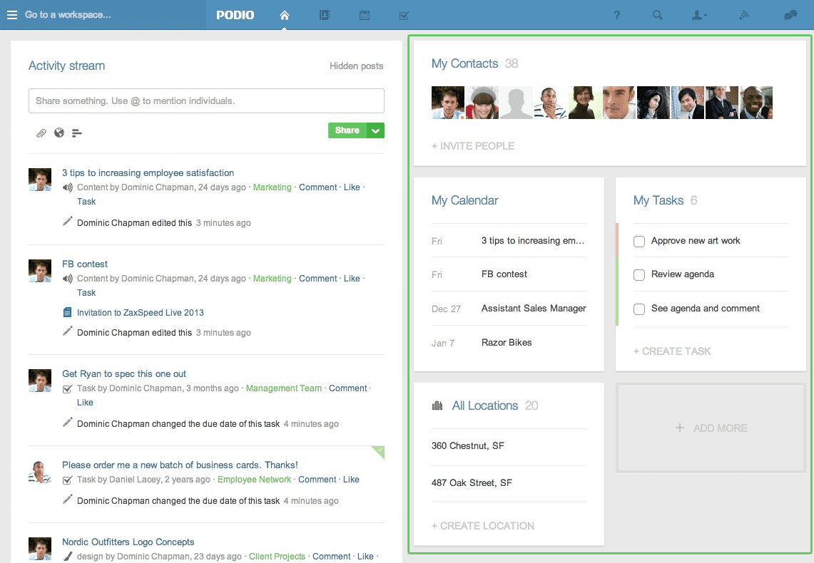 Podio's activity stream provides relevant updates on tasks and projects to team members.