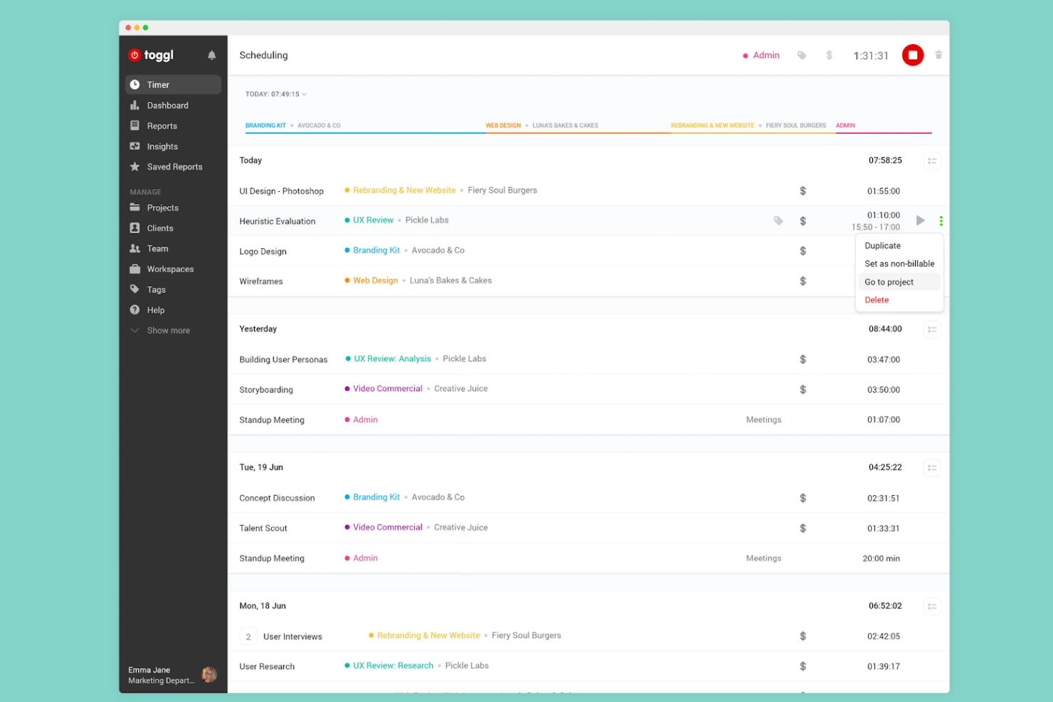 Toggl Track allows your employees to see how their billed time breaks down and edit past entries.