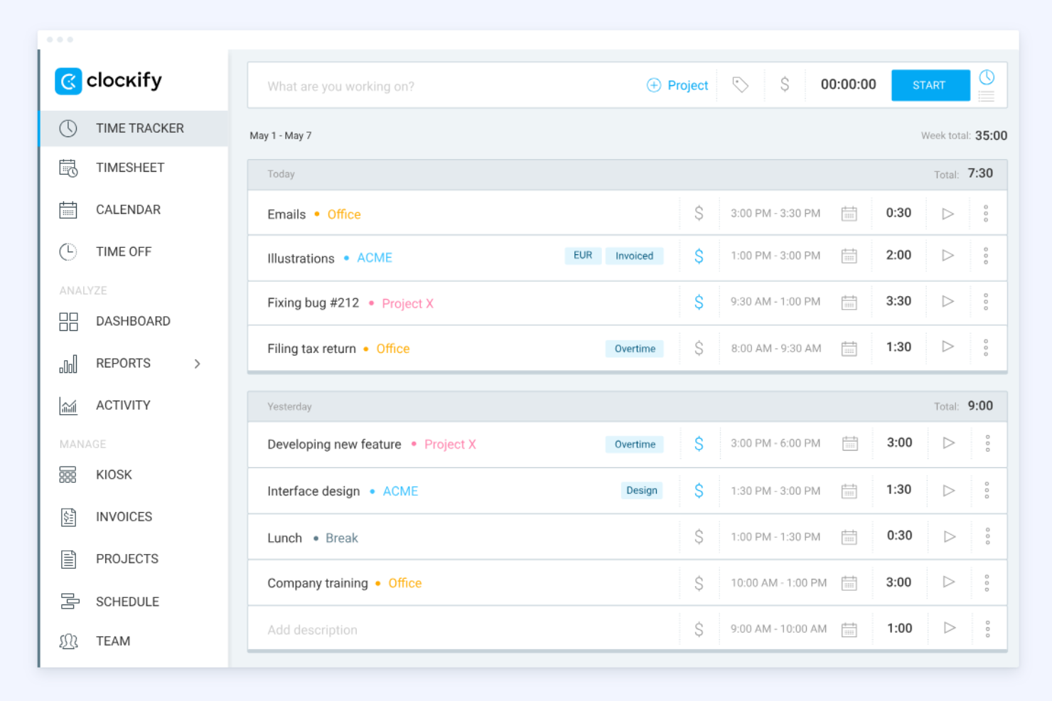 Clockify screenshot - 24 Best Simple Time Trackers Reviewed in 2026