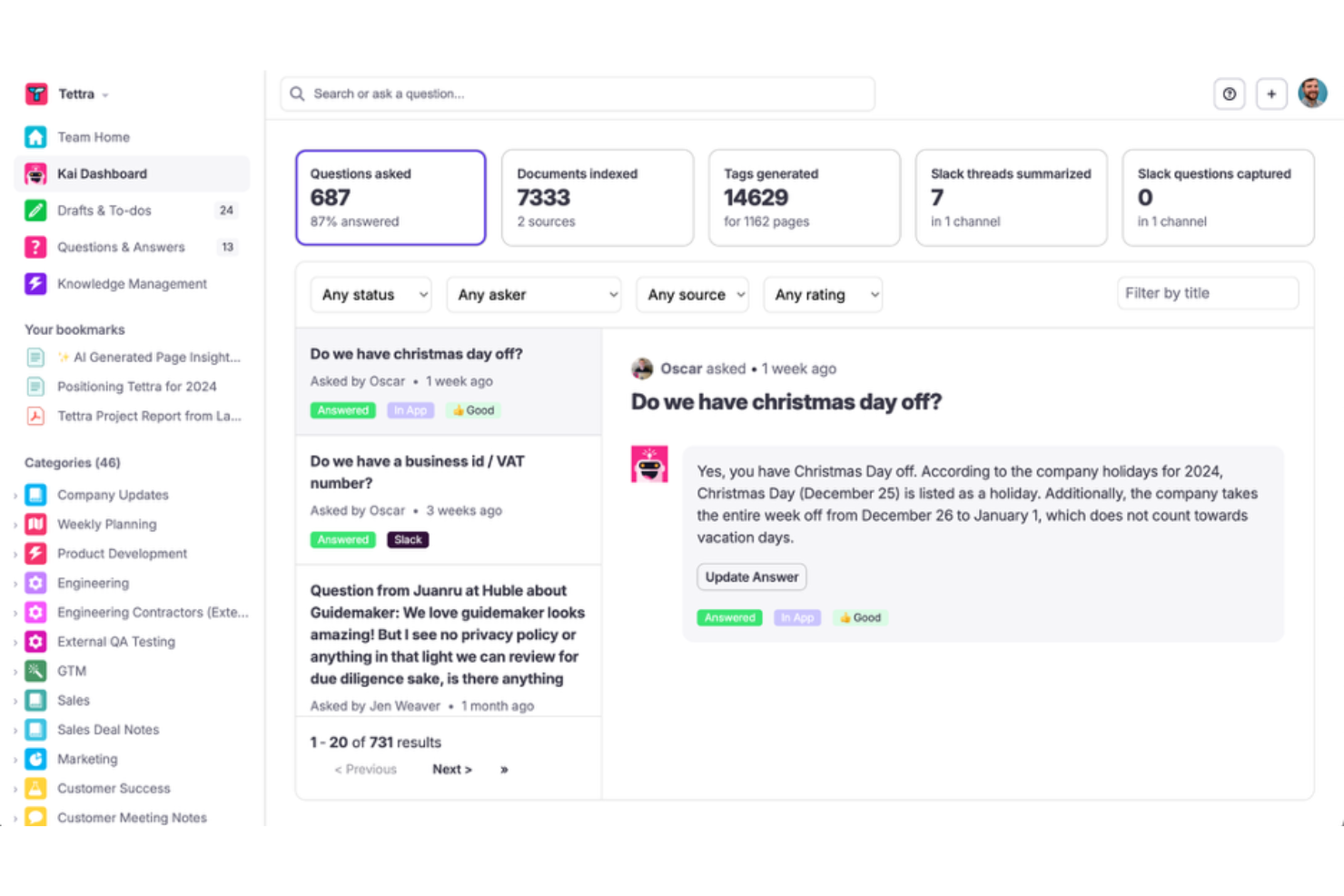 Tettra screenshot - 15 Best Enterprise Knowledge Base Software in 2026
