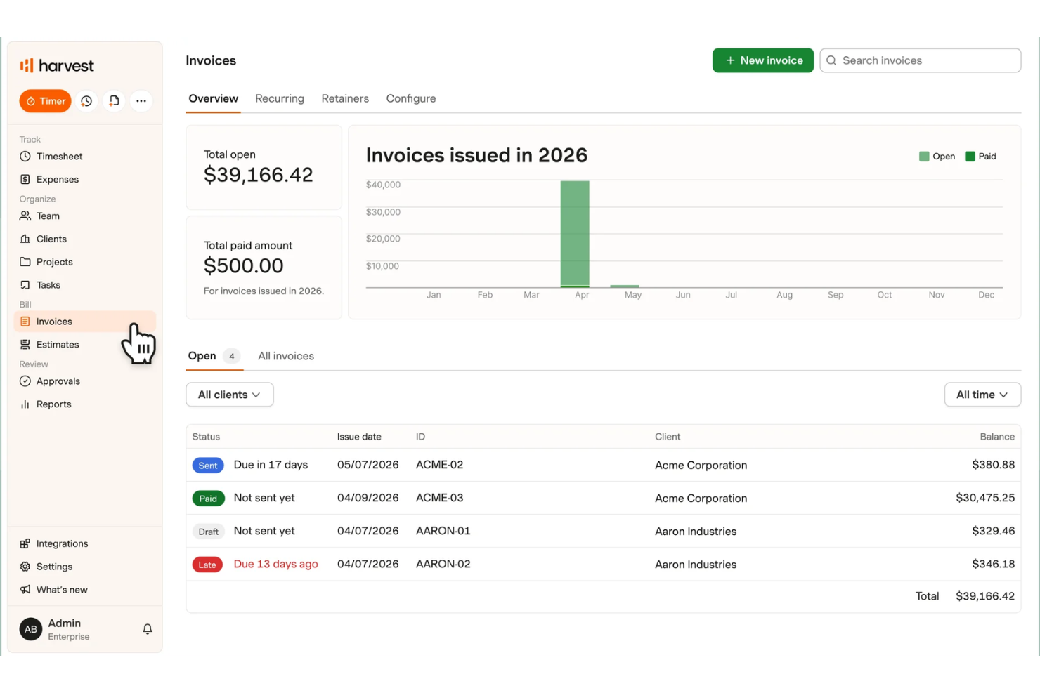 Harvest screenshot - 10 Best AI Invoice Generator in 2026