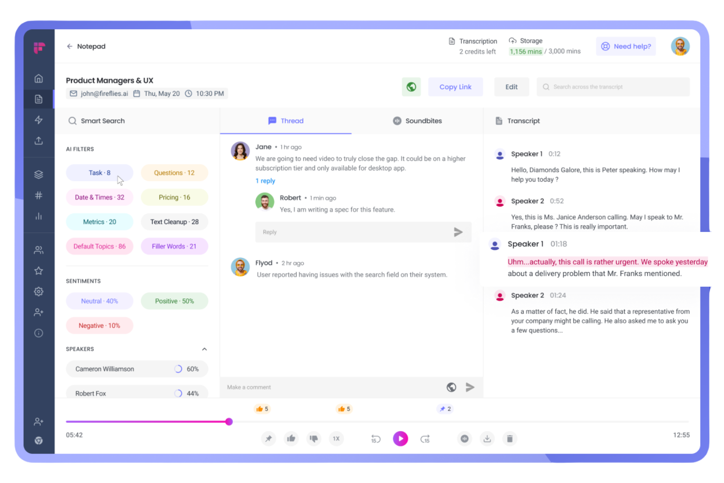 Fireflies.ai screenshot - I 10 migliori software per la gestione delle riunioni nel 2026