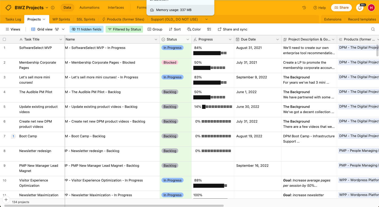 Airtable is a spreadsheet-database hybrid tool that can help you keep track of projects, tasks, and progress.