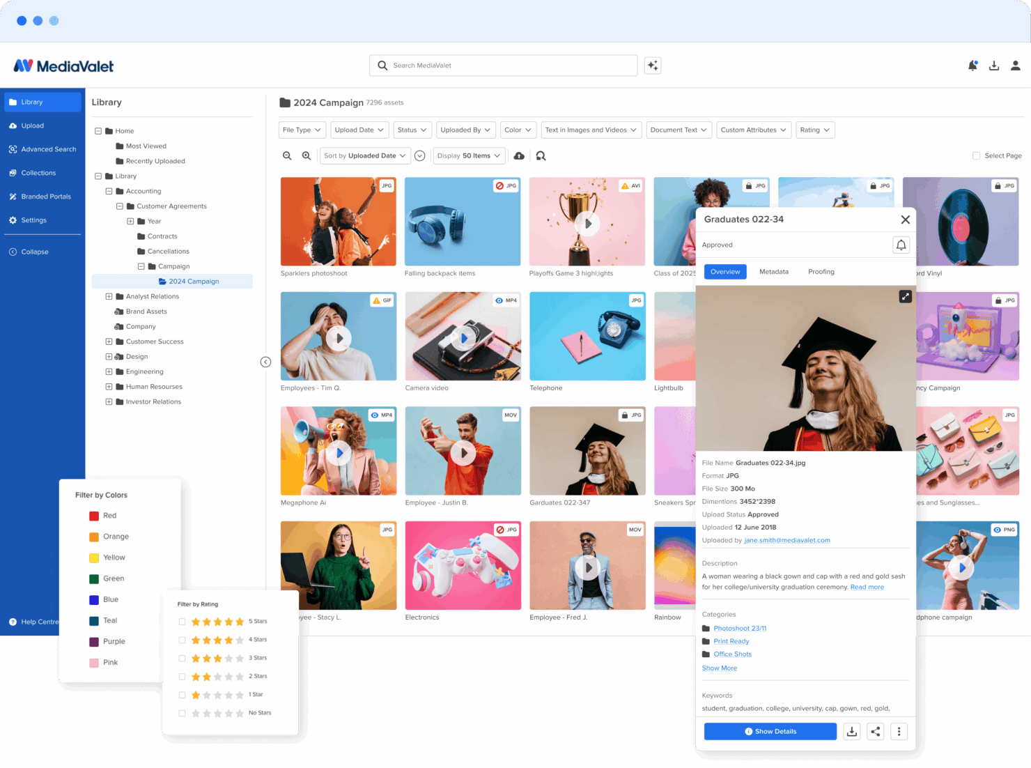 MediaValet makes it easy to find, organize, and manage your assets with the ability to add metadata and filter assets by color and rating.