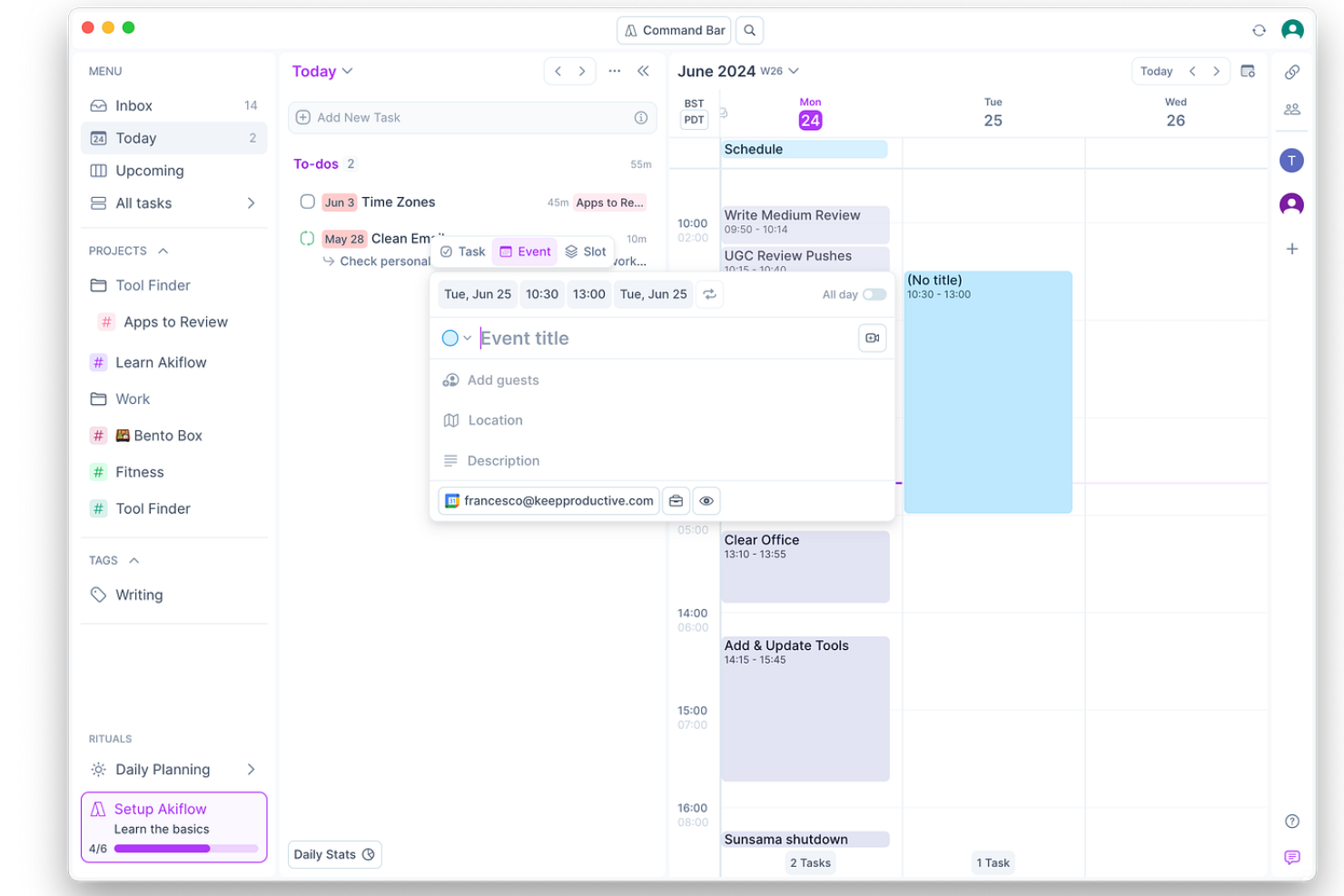 Akiflow uses AI to schedule tasks, manage calendars, and organize workflows.