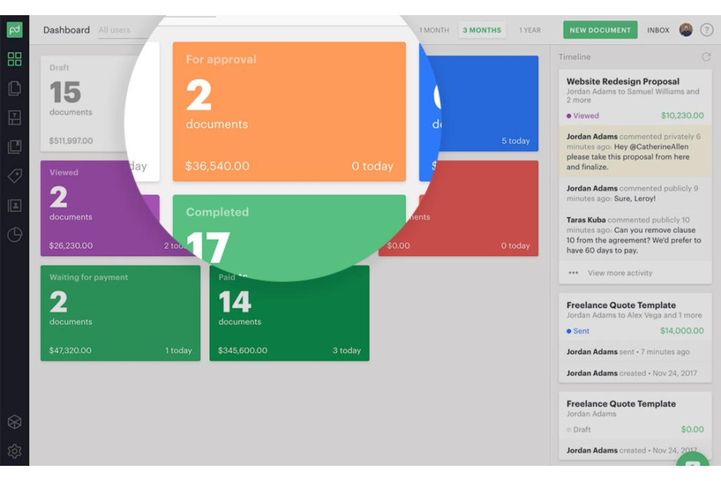 PandaDoc manages document creation, approvals, eSignatures, and workflows.