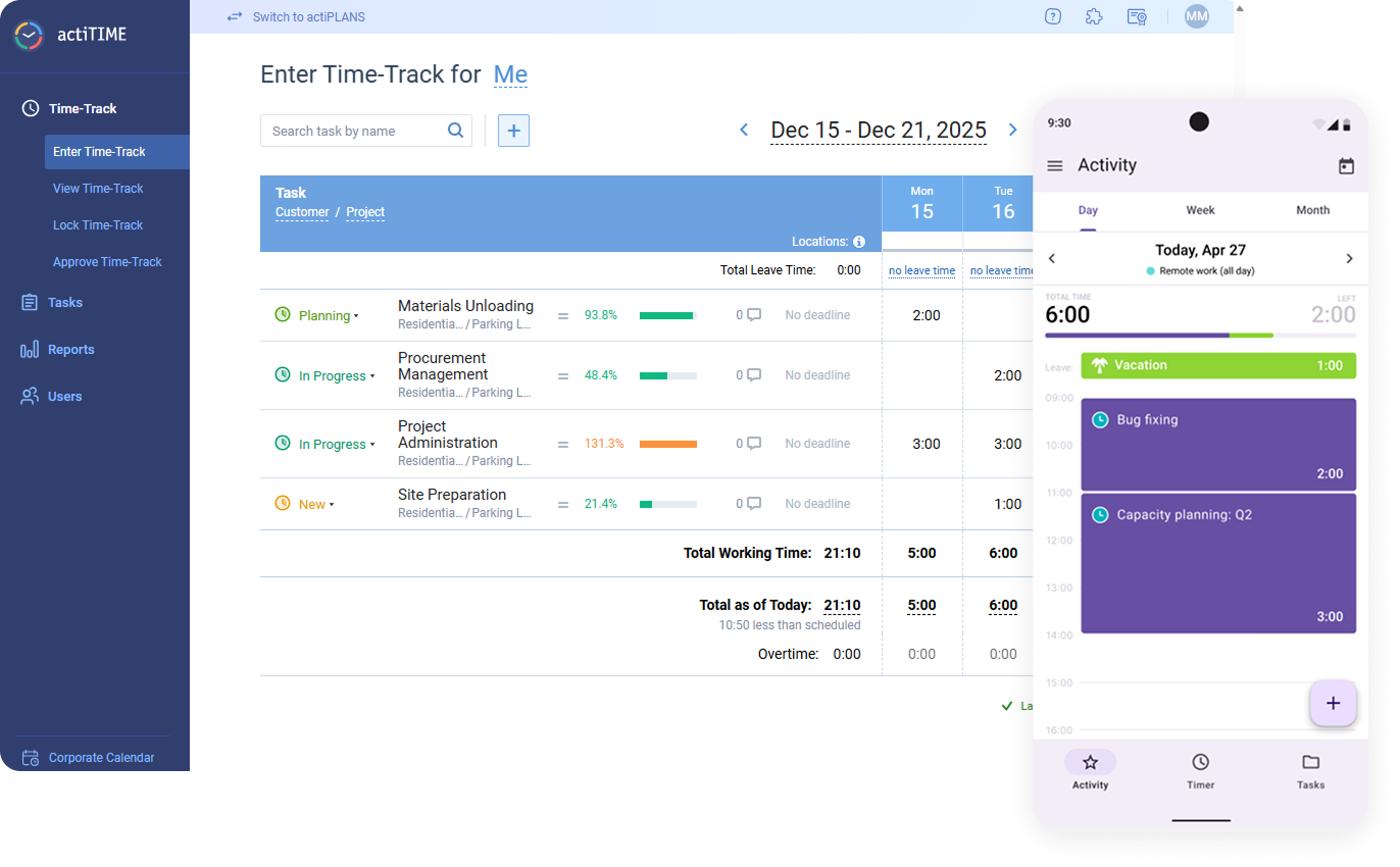 Tracks work hours, tasks, and billable time for teams.