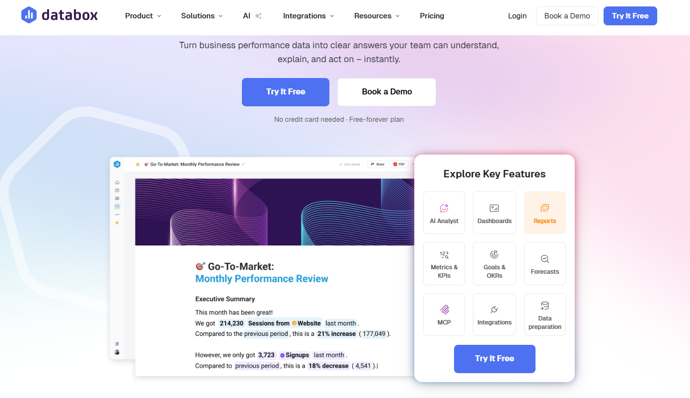 Databox centralizes marketing data into real-time, shareable dashboards.