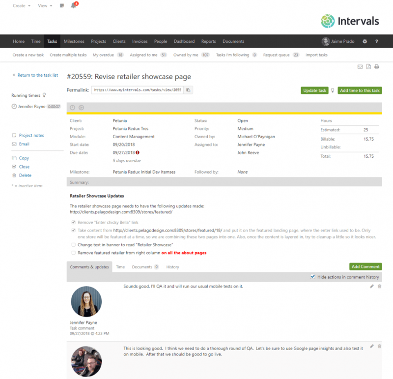 Use Intervals to assign tasks to team members and track every comment, document upload, and update as the task is worked through to completion.