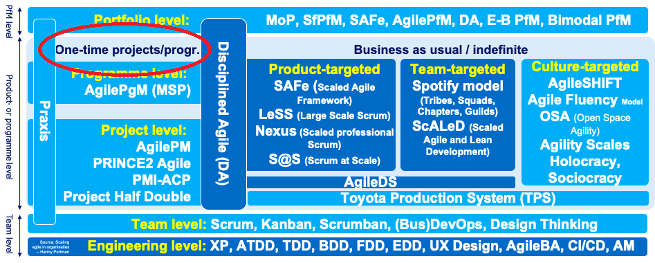a diagram of project methodologies for the portfolio level and project level. The header "one-time projects" is circled in red