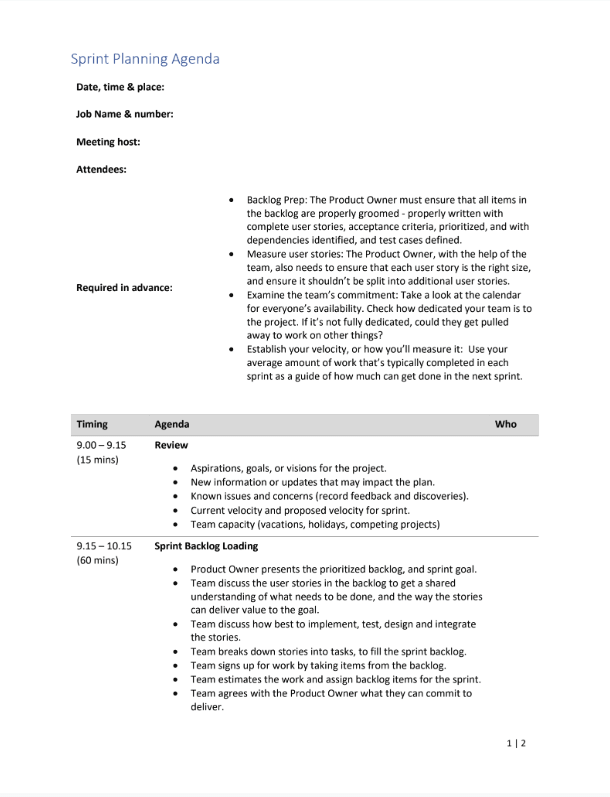 Sprint Planning Template Screenshot