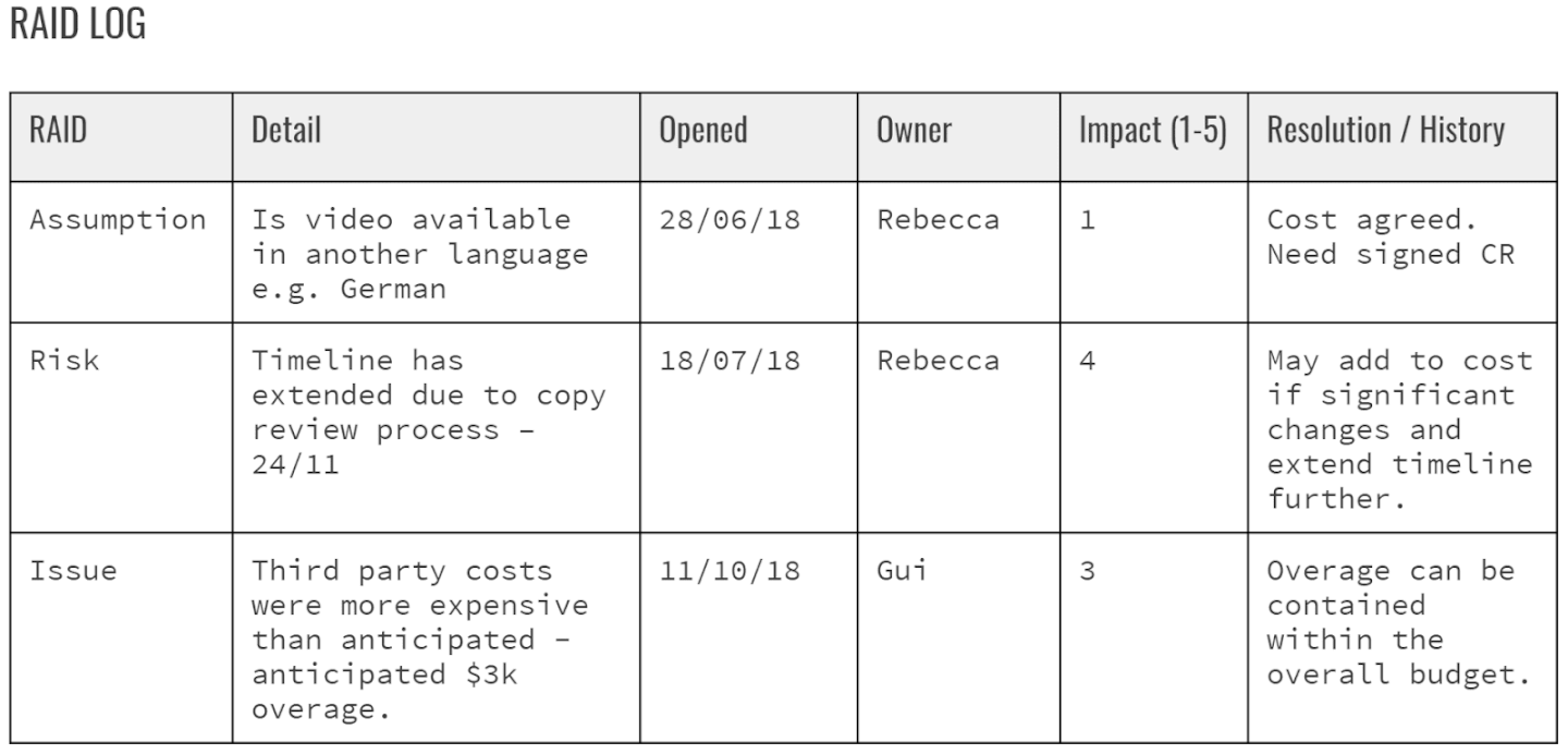 Raid log в управлении проектами