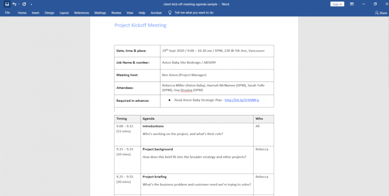 Client Kickoff Meeting Agenda Sample Screenshot