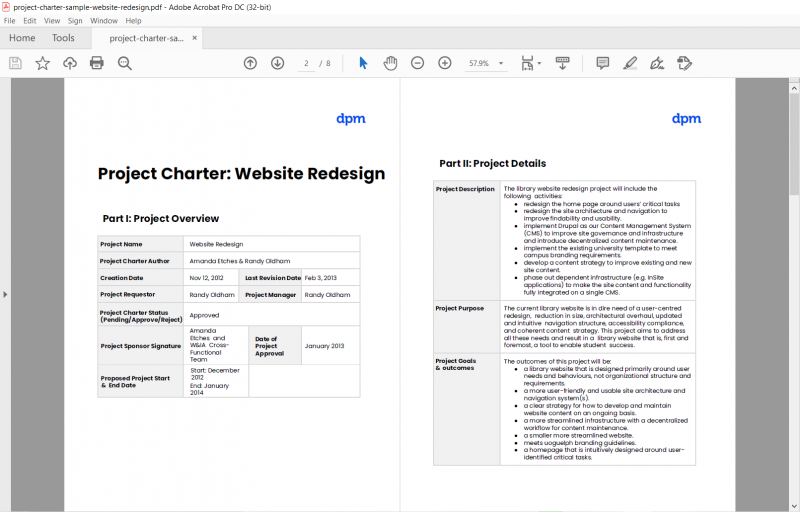 A screenshot of The Digital Project Manager's project charter template.