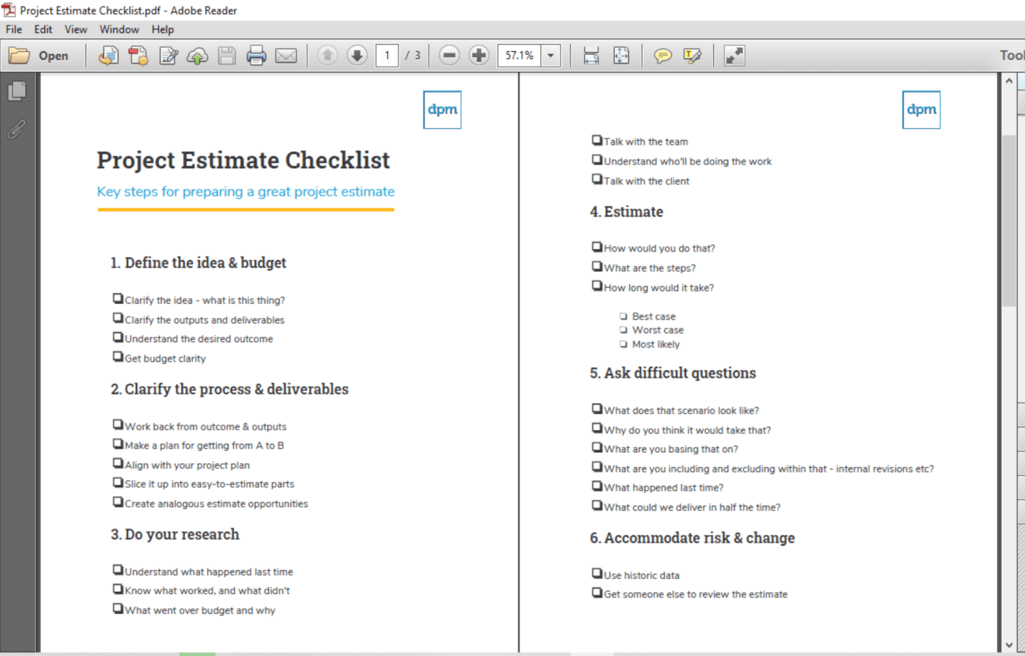 Screenshot of Project Estimate Checklist