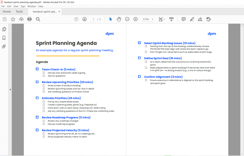 Sprint Planning Agenda Handout Screenshot