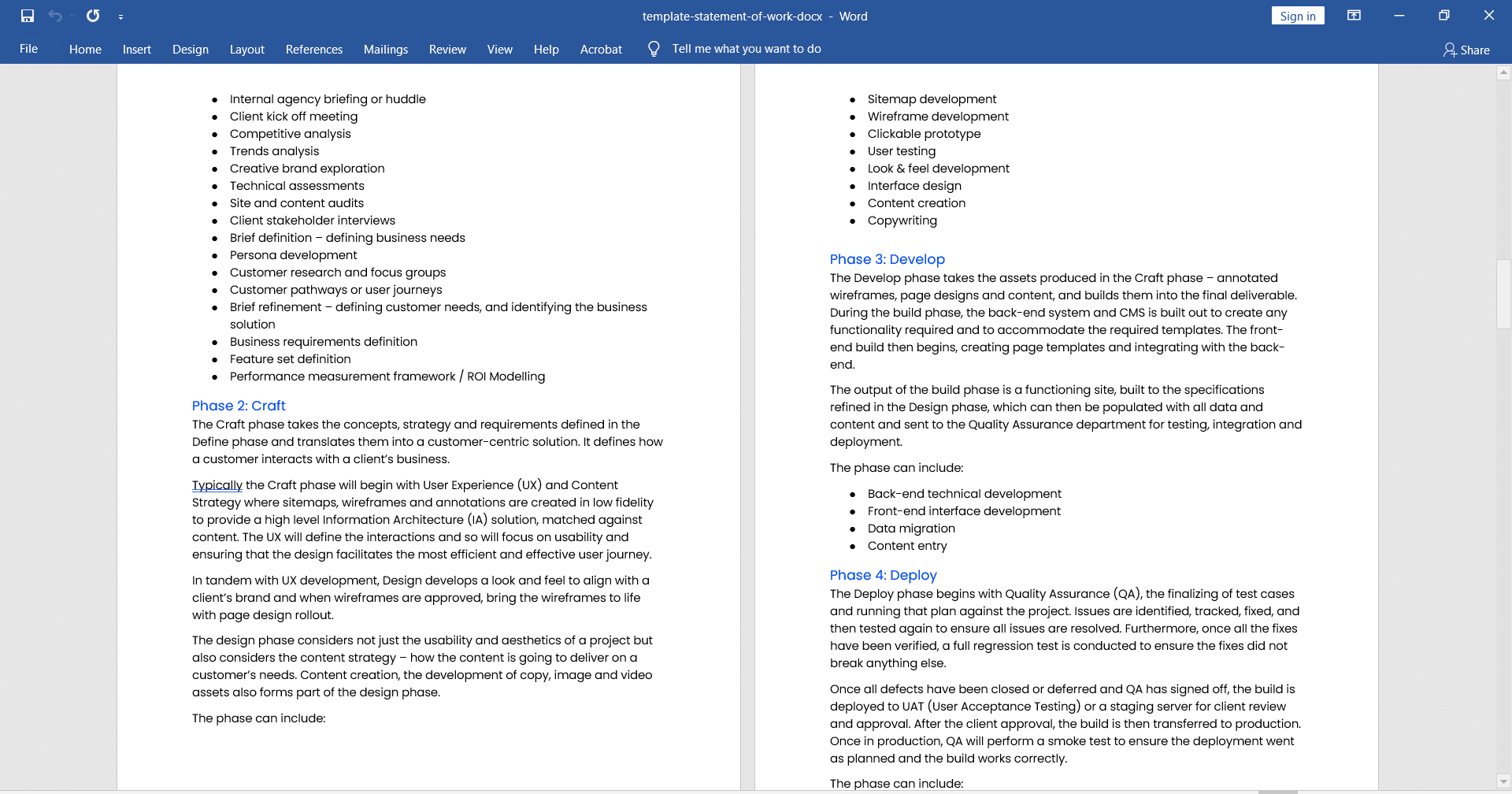 screenshot of the statement of work template document in microsoft word