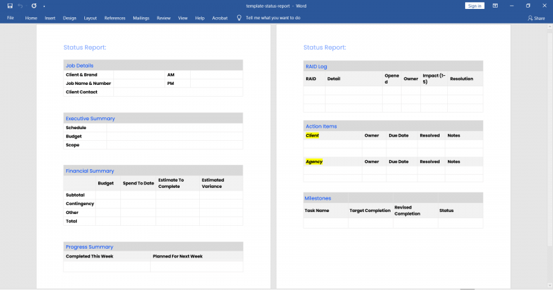 screenshot of project status report template