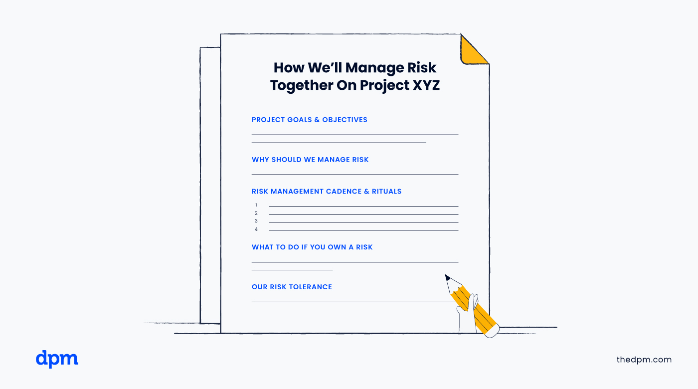 An example of a basic risk management plan, with sections for the following information: Project goals and objectives, why we should manage risk, risk management cadence and rituals, what to do if you own a risk, and our risk tolerance.
