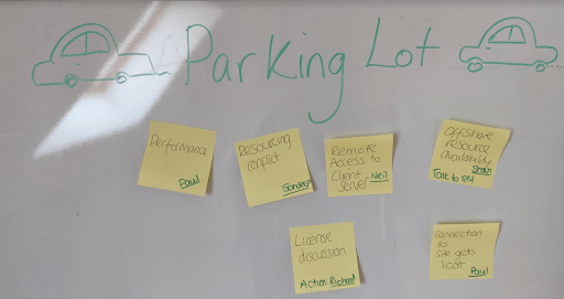 Photo of sticky notes in on a white board from a risk management meeting