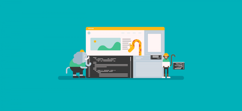 illustration of three animals as project managers standing in front of a screen with lines of a code for a website redesign strategy
