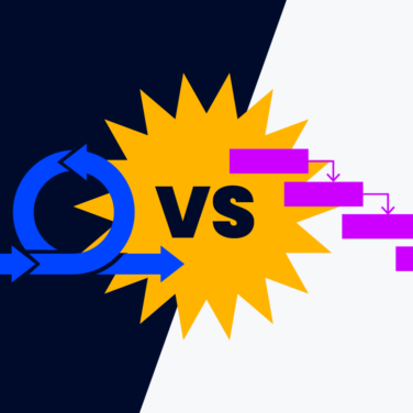 arrows in a circle next to boxes with arrows between them with vs in the middle for agile vs waterfall