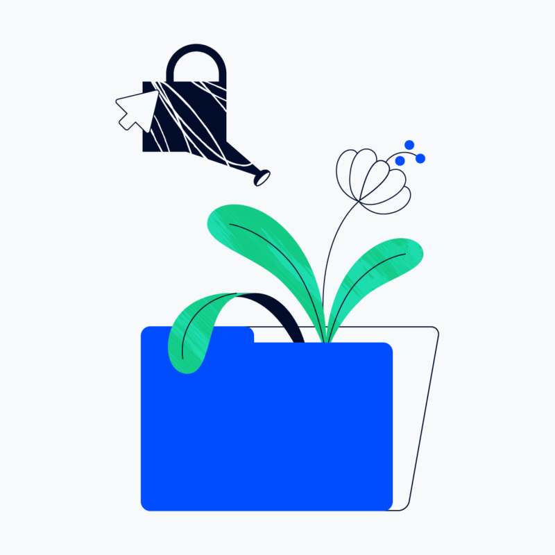 illustration of a watering can watering a plant with a mouse hovering on the watering can